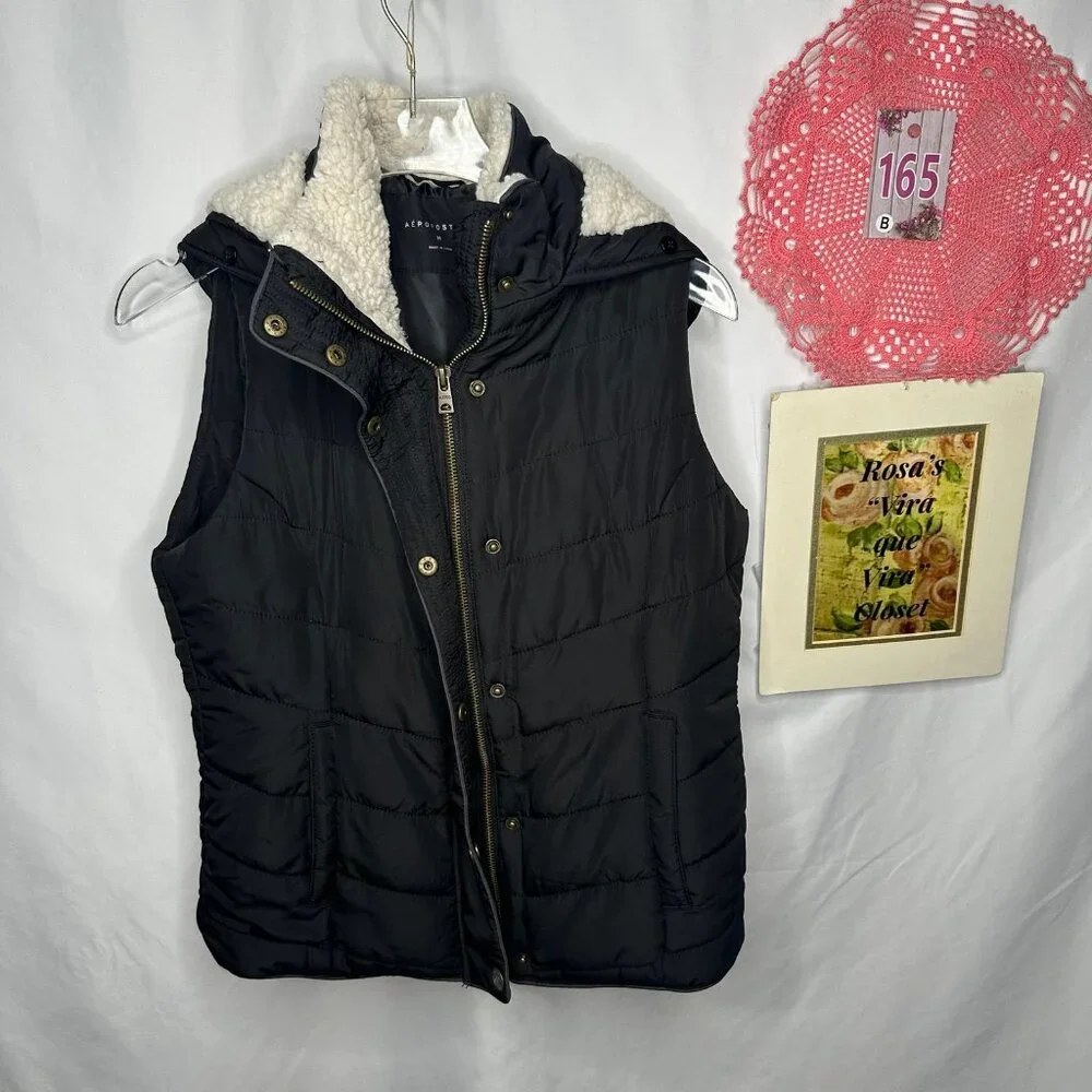 Aeropostale Balck Sherpa Hood Vest Size M - Picture 2 of 9